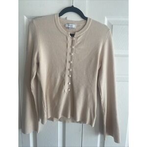 RIHOAS Ribbed Henley Sweater‎ Womens Size Large Beige Bell Sleeve Clean Girl
